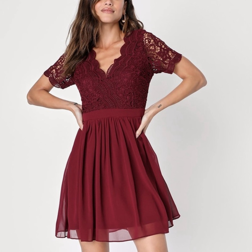 Lulus Angel in Disguise Burgundy Lace Chiffon Flare Skater Dress SMALL